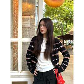 高级感费尔岛小狗提花针织衫女秋季修身显瘦辣妹短款长袖毛衣上衣