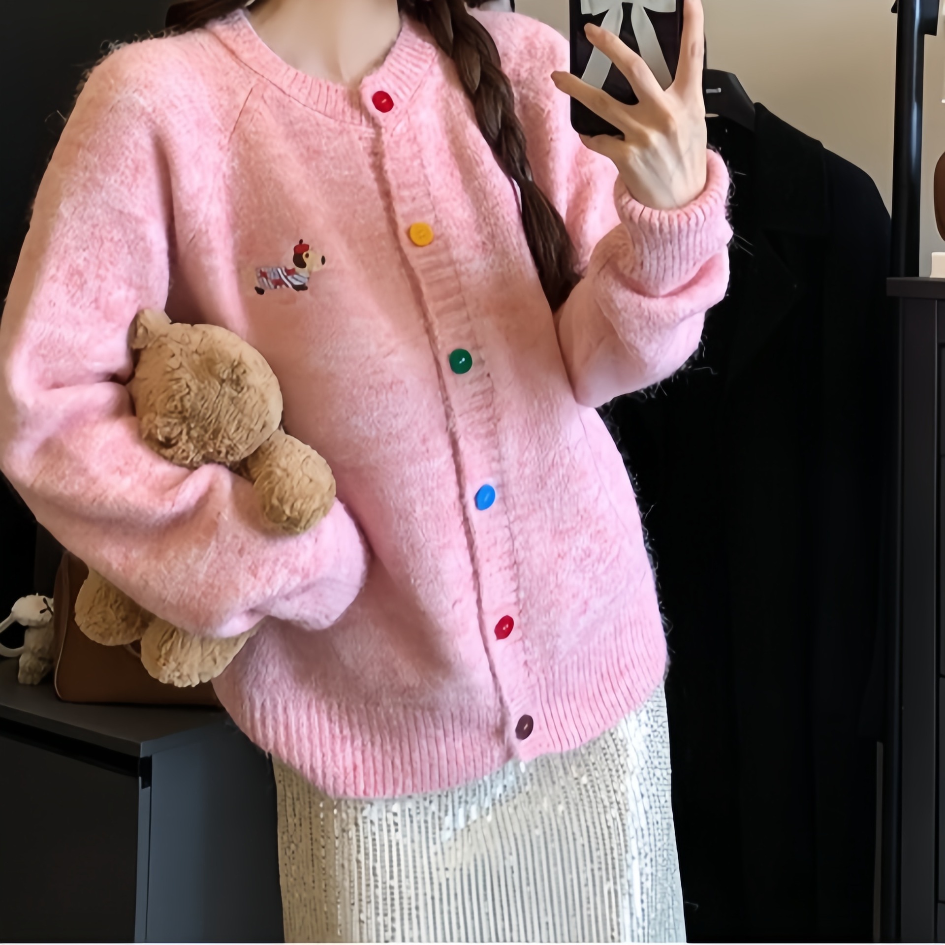 (2개) 가을과 겨울 캔디 컬러 버튼 스웨터 카디건 여성 강아지 자수 소프트 왁스 코트 스위트 올 매치 아메리칸 스타일 레트로 탑