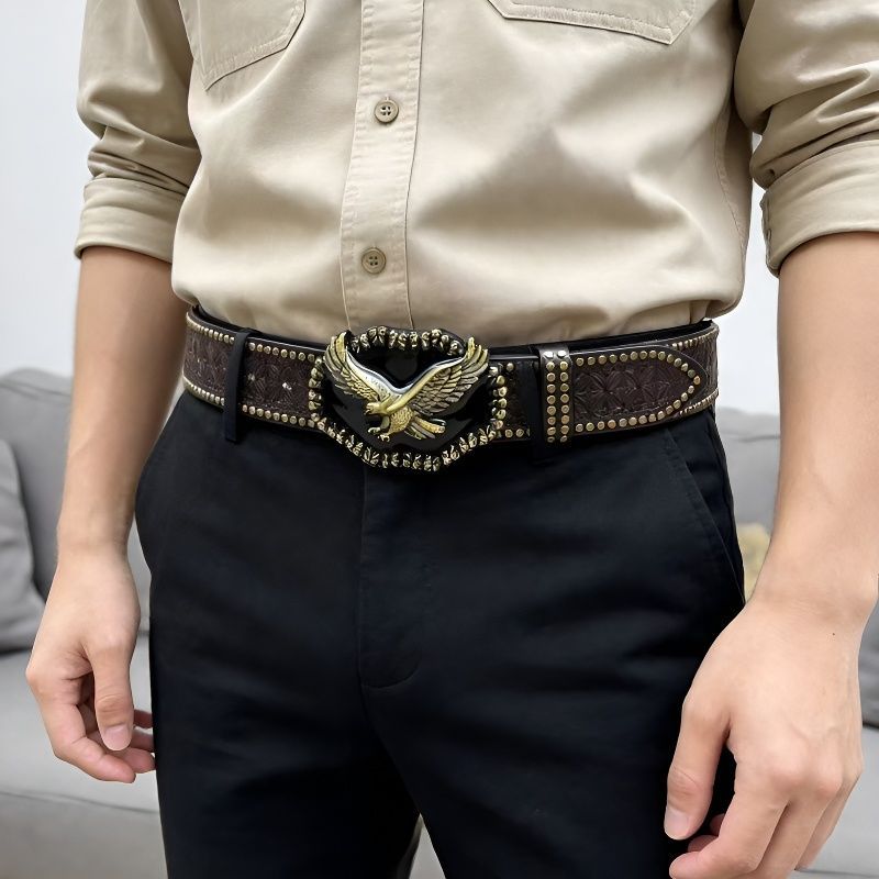 Western cowboy belt, youth punk style embossed men's studded leather belt, wholesale ethnic style belt in stock.