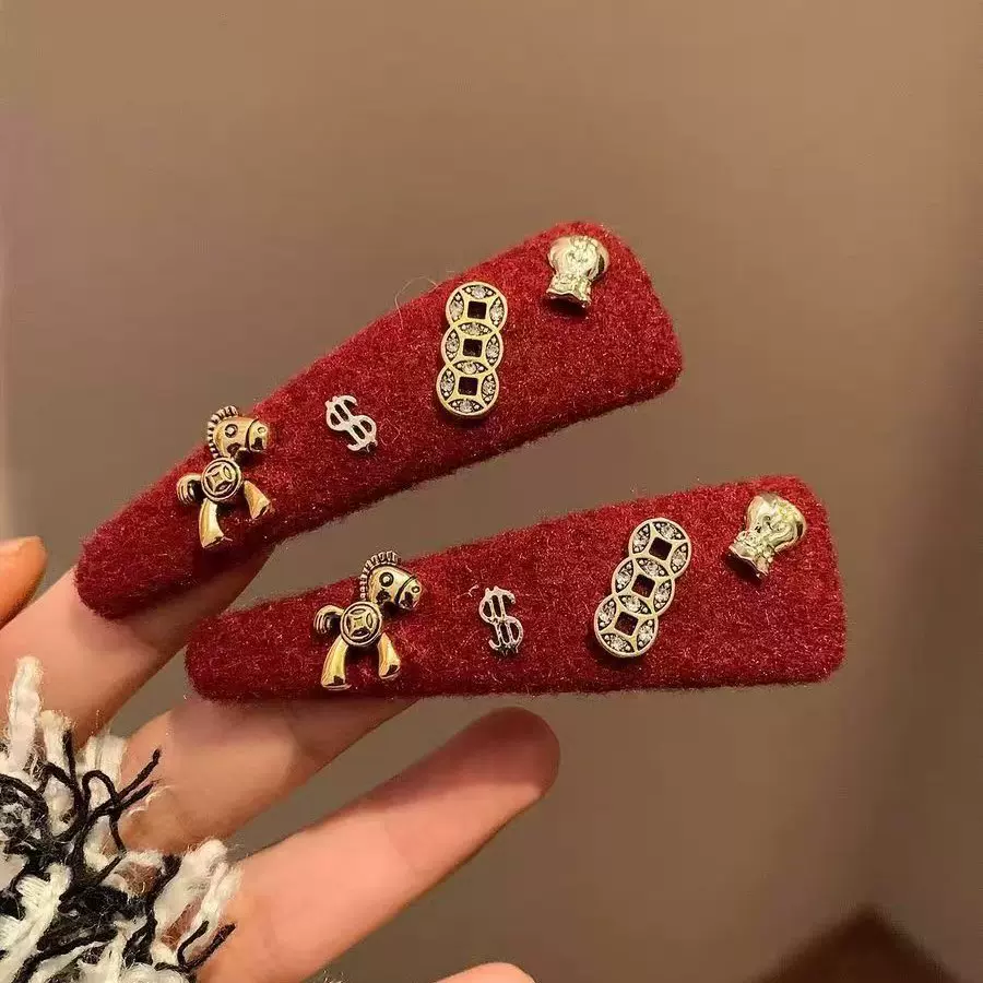 马上有钱~红色小马发夹边夹侧边发卡女高级感新年圣诞头饰刘海夹