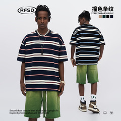 Rfsdメンズ | city boyレトロ衝突色ストライプtシャツ2023夏新品ゆるい純綿半袖男