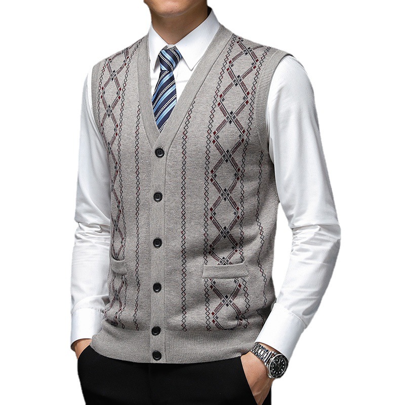 Otoño e invierno en stock azul marino de un solo pecho diario de lana sin capucha sin cuello Plaid Chaleco de piel Chaleco de los hombres