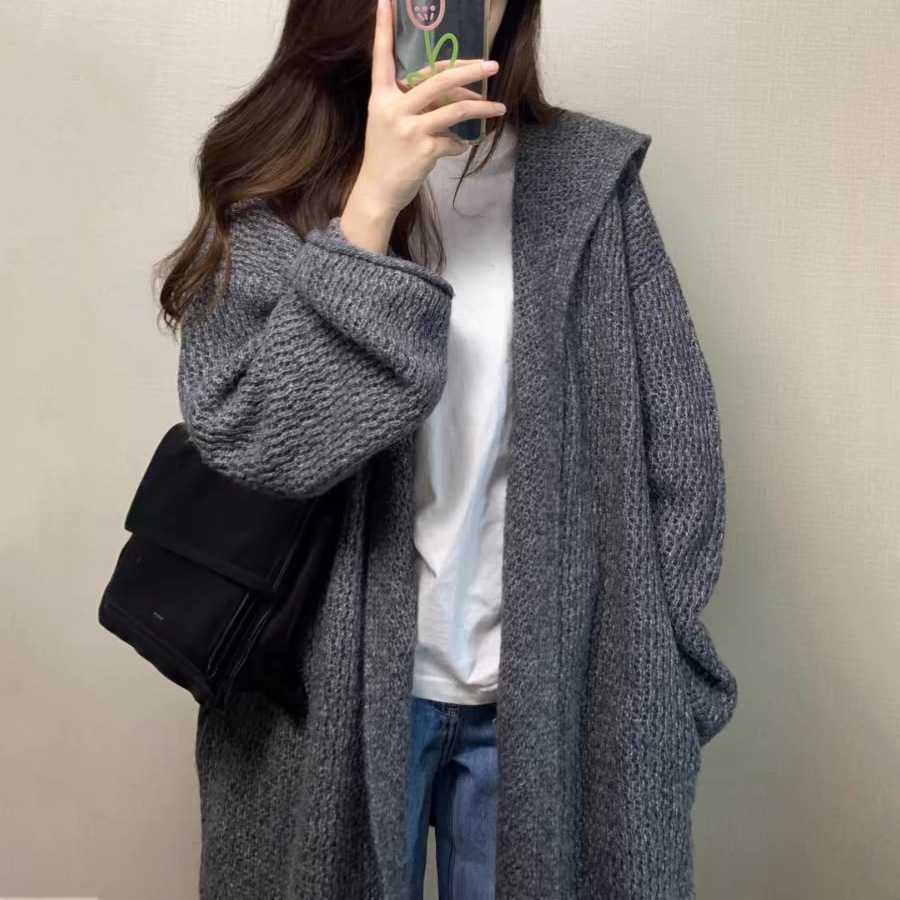 New Hooded Mid-Length Sweater Jacket for Women 2025 Autumn and Winter Rolled Sleeve Design Lazy Style Knitted Cardigan Thick