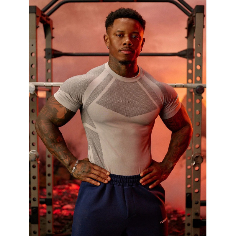 Youngla Men's Short-Sleeved T-Shirt Sports Muscle Fitness Tights Jogging Outdoor Quick-Drying Breathable Elastic Top