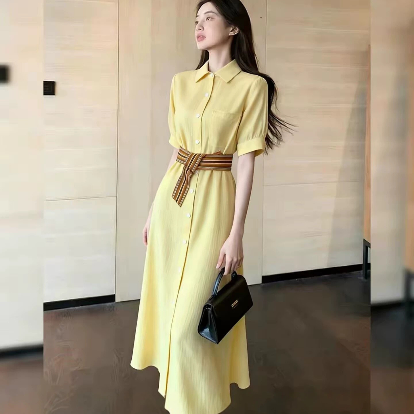Đầm sơ mi nữ tay ngắn màu vàng dáng suông midi — màu vàng chi tiết 2