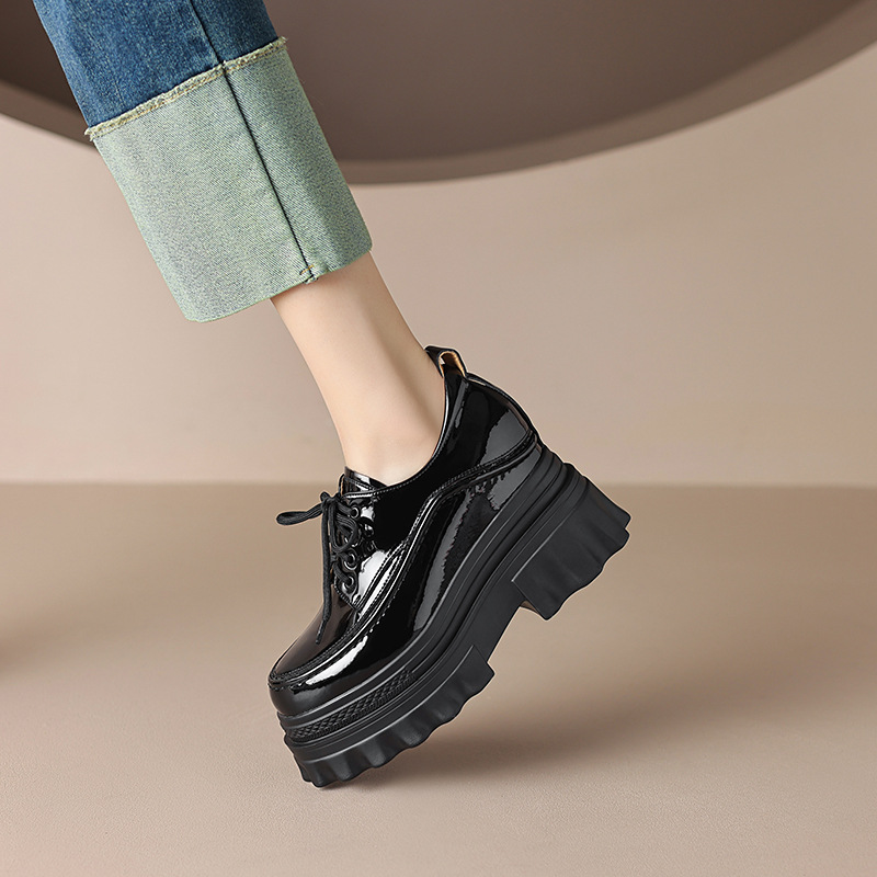 Giày loafer nữ đế xuồng cao gót 10cm, mũi tròn dây buộc, phong cách trẻ trung — màu be