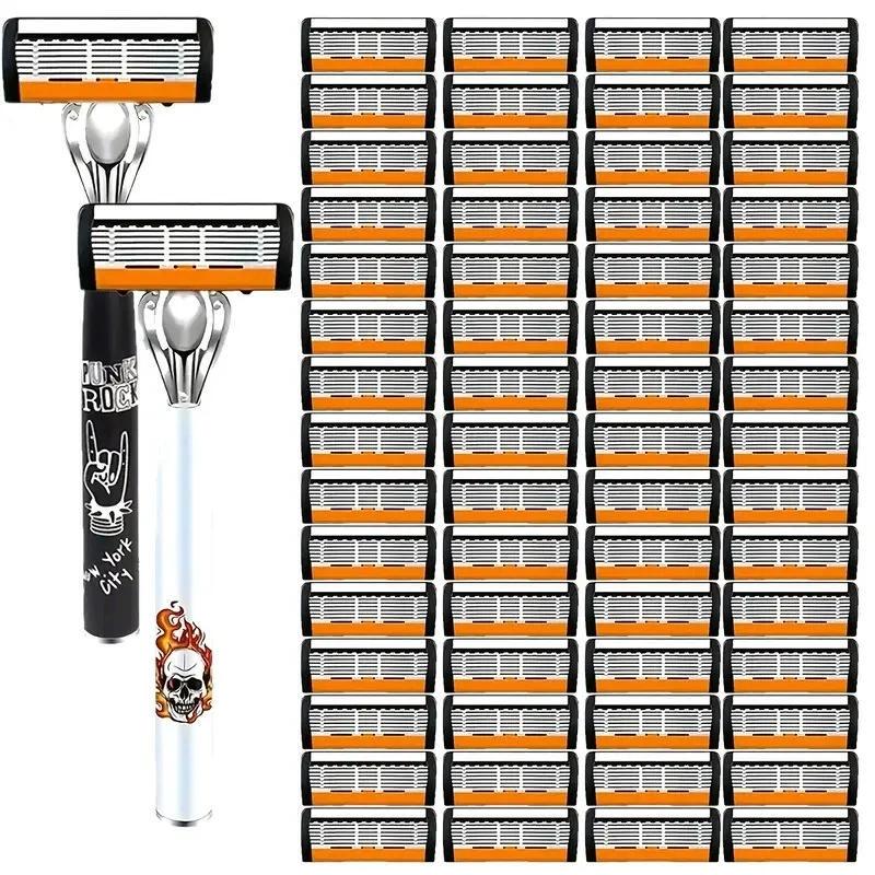 Six-Layer Blade Popular Razor Men's Manual Shaving Razor Set Includes 2 Handles and 30/60 Replacement Razor Heads
