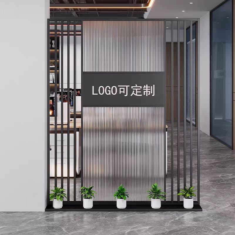简约现代玻璃屏风隔断办公室形象墙公司入户玄关前台LOGO背景|undefined