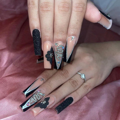 Black, Mystical Silver Snake Long Ballet Nails — Trending European & American IG-Style Glittering Triangular French-Style Wearable Nail Tips for Wholesale