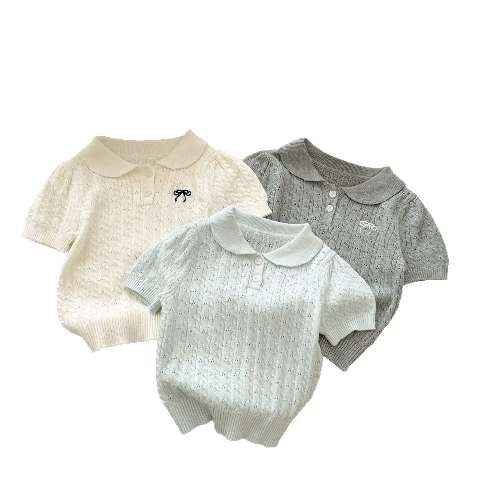 Летняя одежда с бантом, knitted свитер, корейский стиль, детская одежда, с коротким рукавом, западный стиль