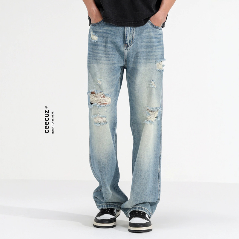 Ceecuz Retro Distressed Ripped Jeans for Men, Summer Thin Loose Wide-Leg Floor-Length Unique Straight Pants Ceecuz Retro Distressed Ripped Jeans for Men, Summer Thin Loose Wide-Leg Floor-Length Unique Straight Pants