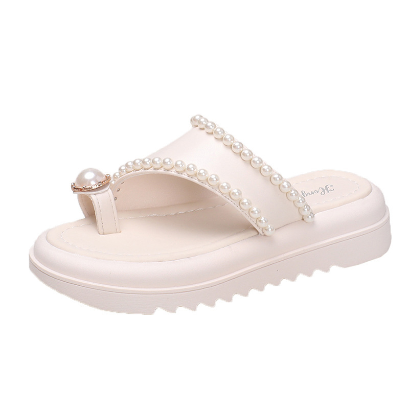 Kleine Duftende Wind Dicke Sohle für frauen 2024 Sommer Neue Mode Perle Schmuck Strand Schuhe Abdeckung Zehe Nach Außen tragen_voghion.com