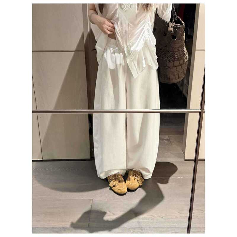 Mx Ultra-Lightweight Tencel Cotton Elastic Waist Wide-Leg Casual Straight Jeans White Thin Pants for Women