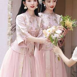 中式婚礼伴娘服2023新款灰色秋冬显瘦长袖大码姐妹服伴娘团礼服裙
