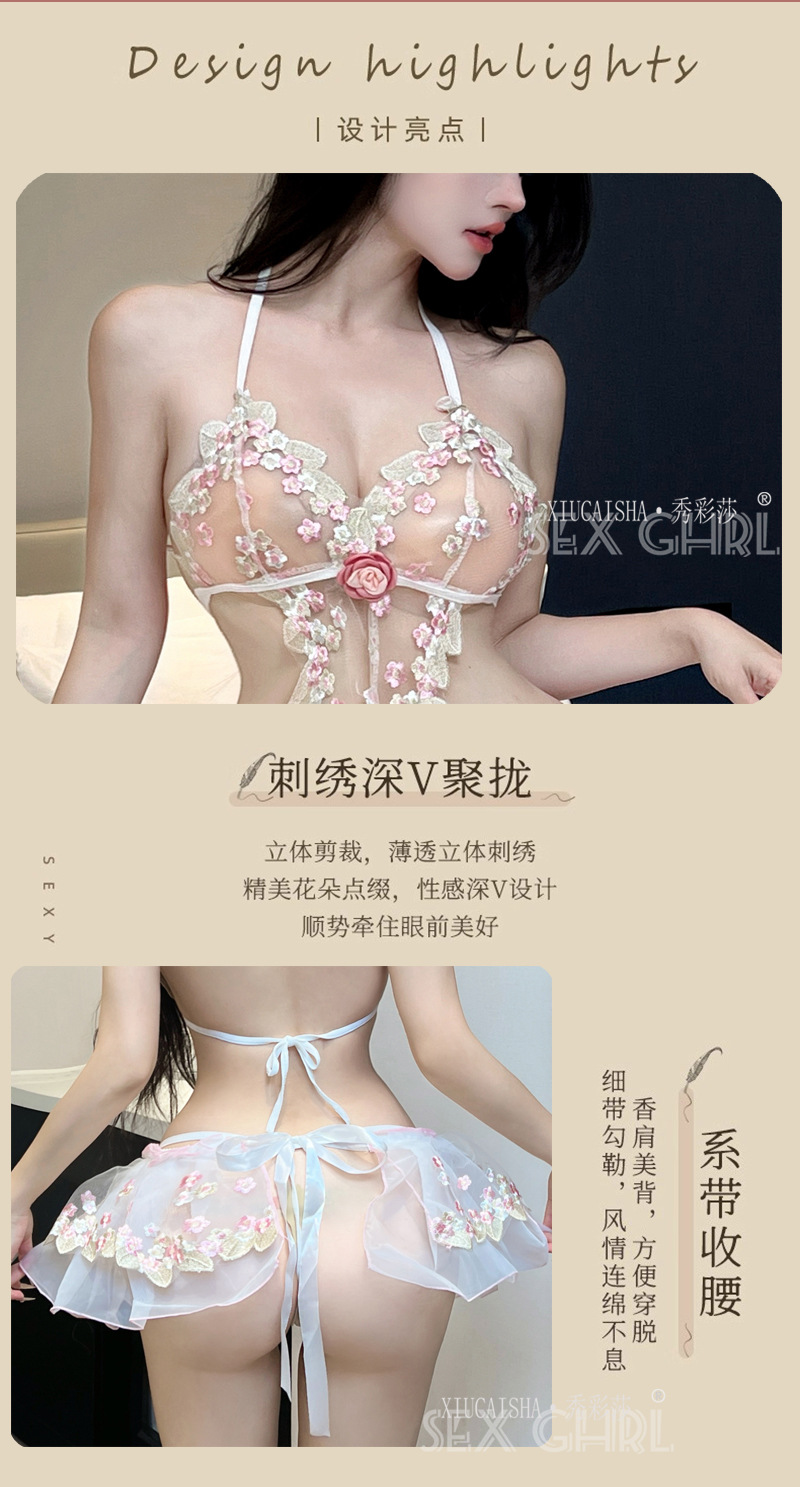 Xiu Cai Sha Lace Embroidery Sheer Babydoll Set with Skirt, Thong and Stockings — detail image 4
