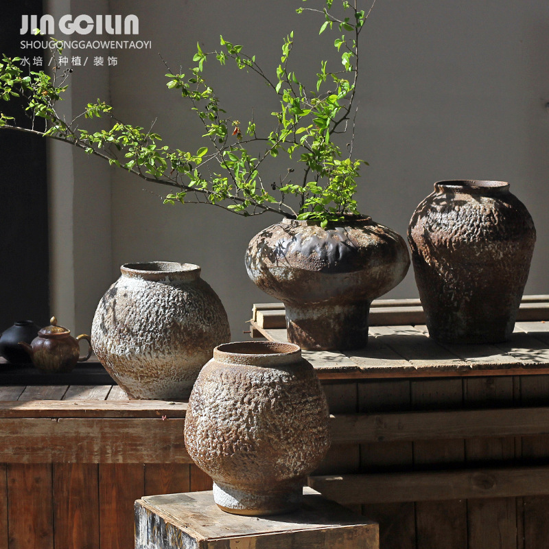 Zen Ceramic Vase Living Room Tea Room Study Flower Arrangement Wabi-Sabi Style Handmade Retro Stoneware Bed and Breakfast Ornaments Pottery Jar