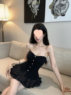 辣妹套裝女夏抹胸背心蕾絲拼接短款上衣高腰半身蓬蓬蛋糕裙兩件套