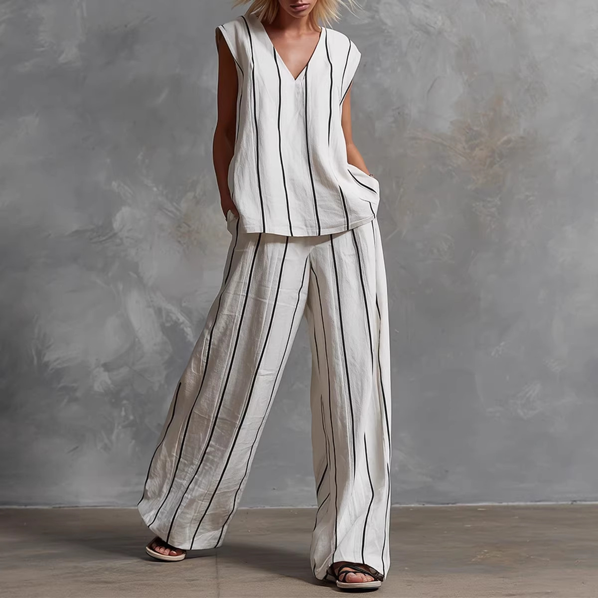 European and American 2026 New Classic Women's Striped White Cotton Sleeveless Top and Wide-Leg Pants Casual Set