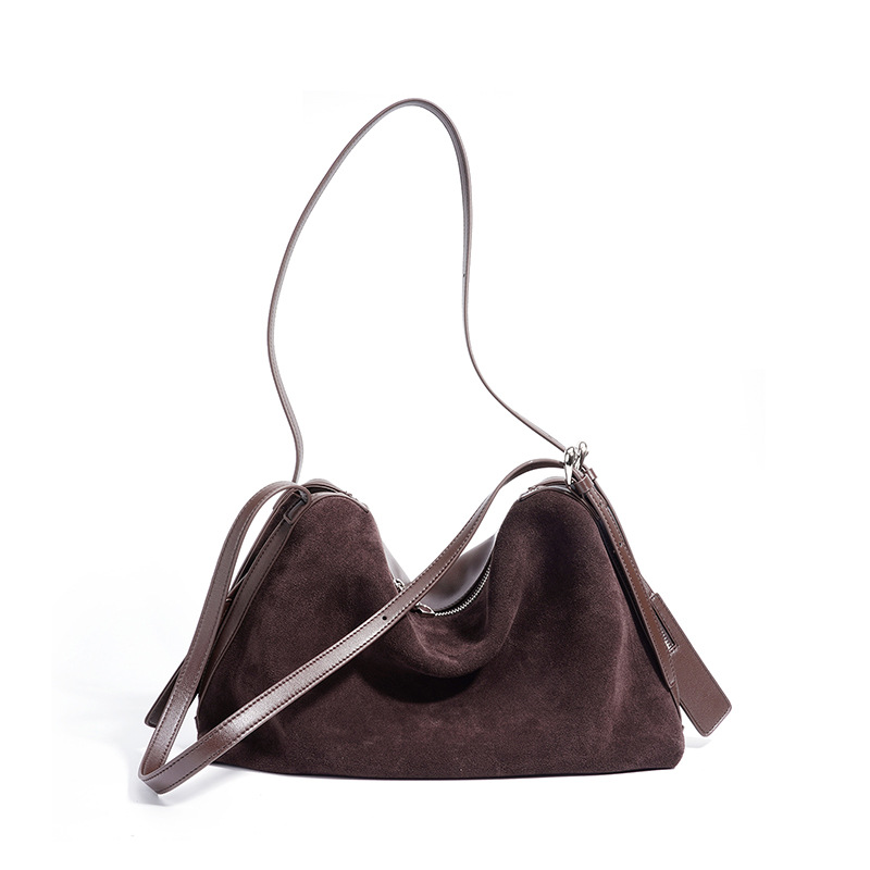 Matte Suede Boston Handbag For Women New Retro Large Capacity Tote Bag Fashion Versatile Genuine Leather Shoulder Bag - Thumbnail 5