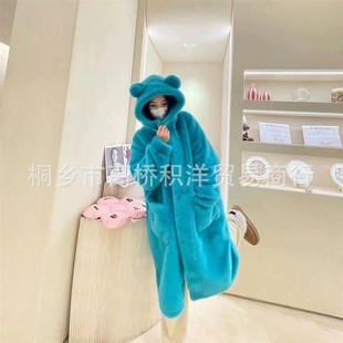 Autumn and winter new Haining fur coat long eco-friendly mink velvet coat women's hooded cute ears loose and warm