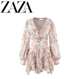 ZAZA 自制欧美风 批发女装 时尚百搭碎花荷叶边饰褶皱收腰V领长袖