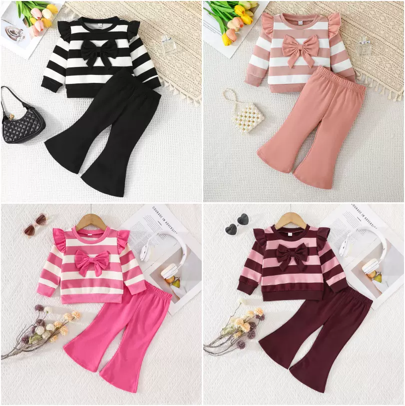 秋款女童条纹蝴蝶结上衣配喇叭长裤套装儿童洋气两件套幼儿园穿搭