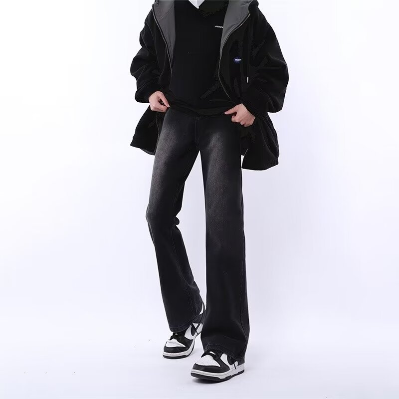 Casual 2024 primavera y otoño nuevo estilo americano calle alta suelta recta pantalones largos negros marca de moda jeans para hombres