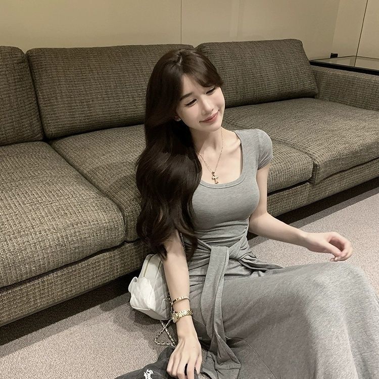 Grey Short-sleeved Strap Elegant dress Women's Summer Korean Style High-grade Slim-fit Waist Long Skirt