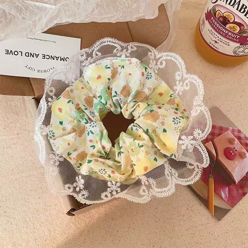 Encaje de flor coreana Encaje de intestino grueso Anillo de cabello femenino Cabeza de flor de viento pastoral Cuerda de cabeza de bola de gran tamaño Accesorios para el cabello de alta calidad