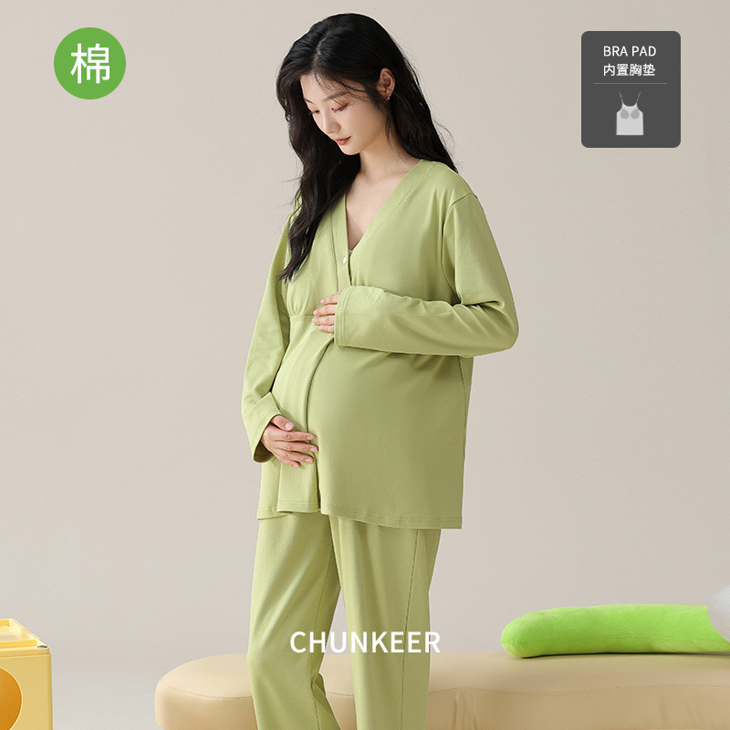 Pajamas de embarazo de algodón con cojín de pecho, embarazo y postparto de lactancia, ropa de primavera y otoño de algodón, set de ropa para el hogar