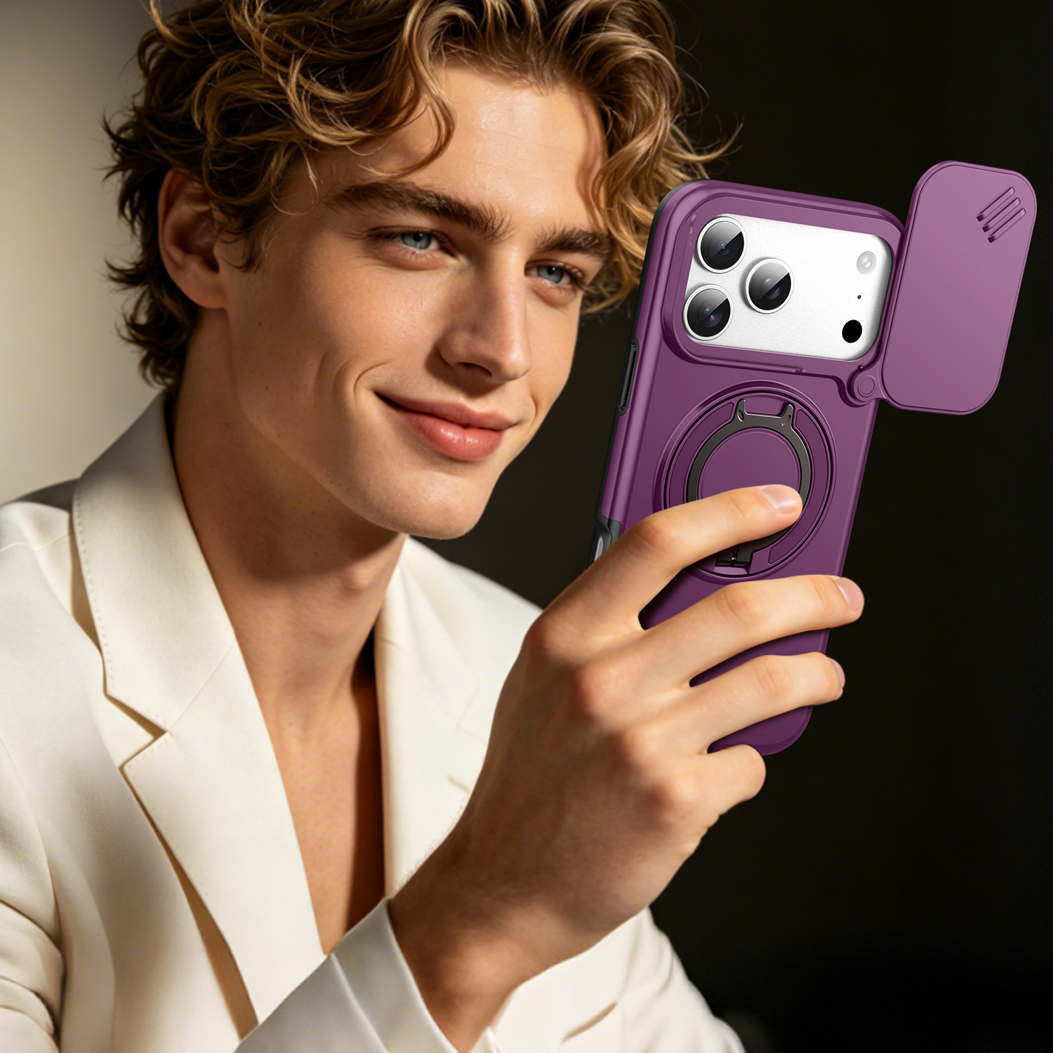 Funda Magnética para iPhone 17 Pro Max 16 15 de PC con Soporte Giratorio 360°, Tapa Deslizante para Lente y Anti-caída