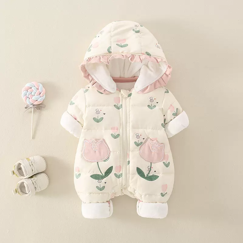 婴儿冬装套装白鸭绒羽绒服连体衣女宝宝衣服冬季外出抱衣加厚保暖