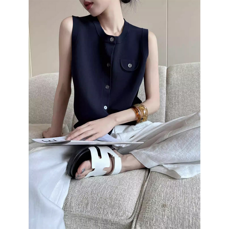 Áo cardigan len dệt kim nữ cổ tròn không tay dáng ôm — màu xanh hải quân