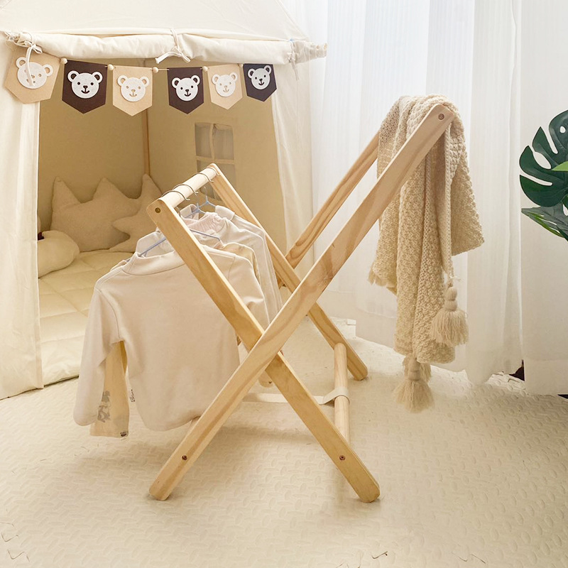 Solid Wood Children's Clothes Hanger Floor-Standing Clothes Drying Rack Bedroom Bedside Night Clothes Storage Artifact Foldableable Low Coat Rack