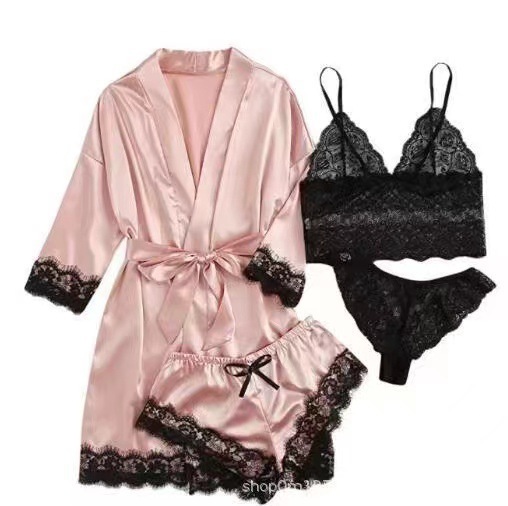 新しい欧米の女性の家の服のパジャマの4つのセットのレースのサテンのガーターの女性の夏のセットのパジャマのショートパンツの卸売り|undefined