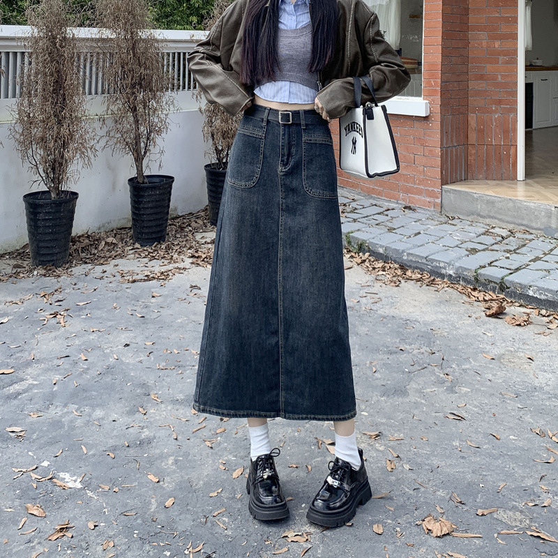 Cement Ash Autumn and Winter 2023 Explosions Denim Skirt Women's Small New High Waist Mid-length A- line Skirt