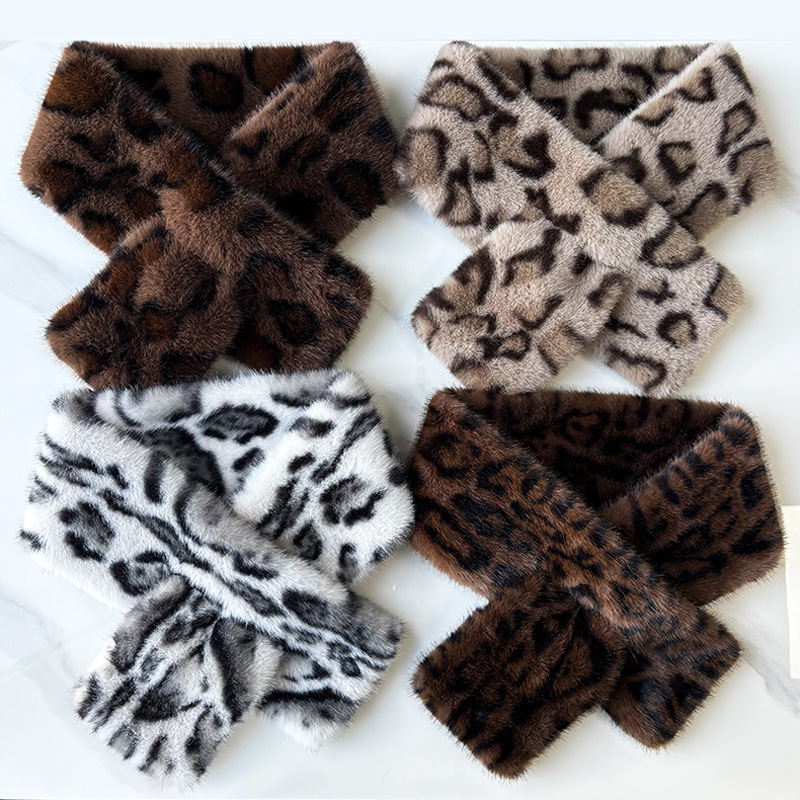 Imitation Mink Fur Leopard Print Scarf, Faux Fur Vintage Plush Scarf for Women, Winter Versatile Fashionable Warm Thickened Neck Warmer