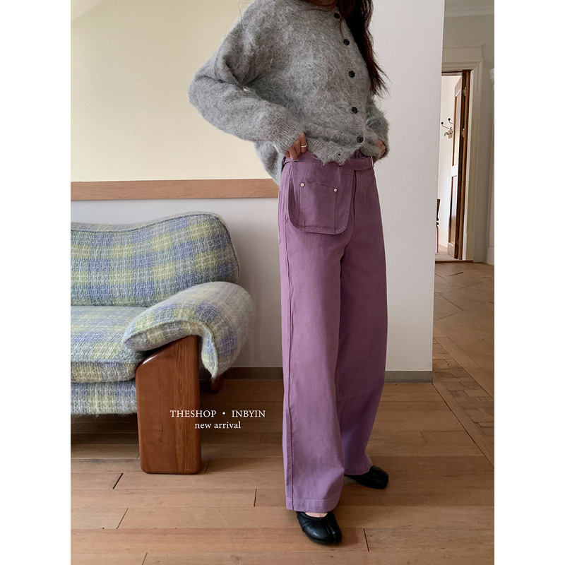 【No Returns or Exchanges】Lavender Purple Denim Pants with Belt and Waist Bag, Women's Korean Style Casual Pants with a Sense of Design