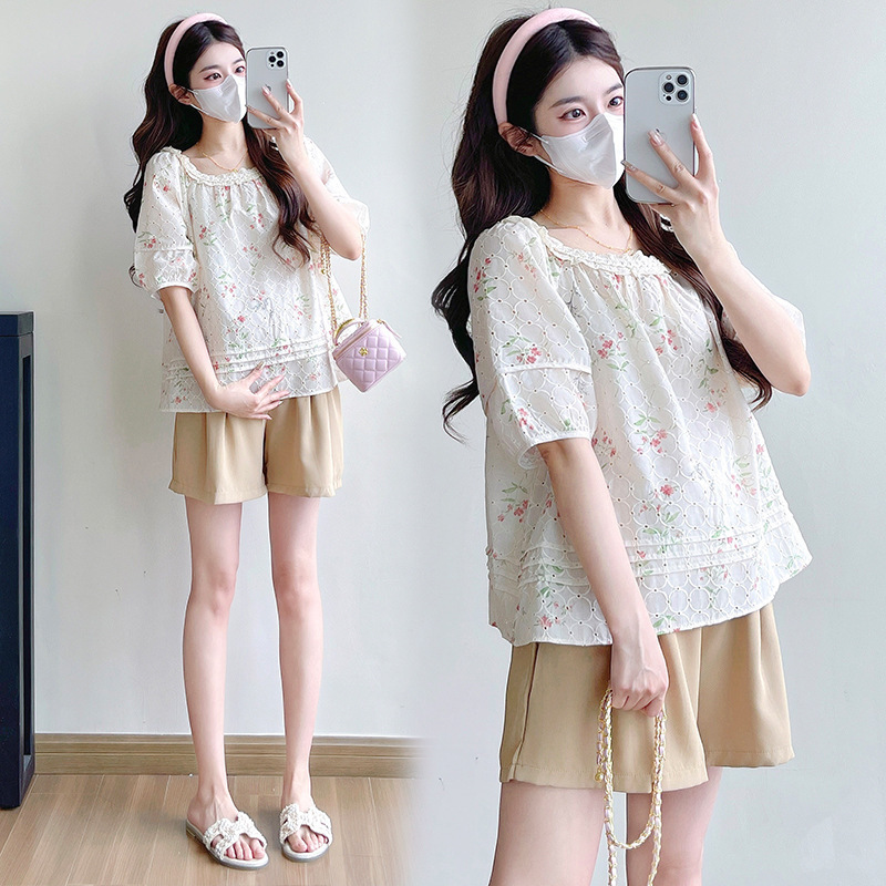 2025 Maternity New Fashion Beautiful Lace Short Sleeve Pregnant Women Shirt Khaki Shorts Pregnant Women suit