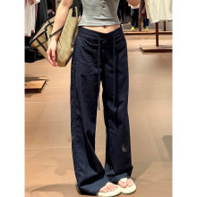 HJ-1442藏青色棉麻抽绳休闲裤女春秋2026新款宽松显瘦直筒阔腿裤