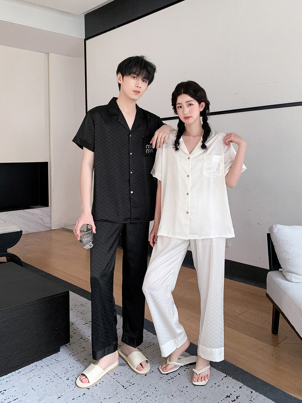 Luxuriöser Eis-seide Partner Pyjama Satin Jacquard Hausanzug_voghion.com