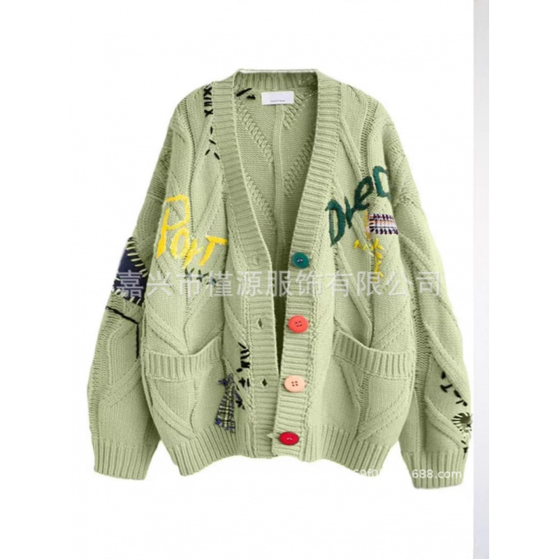 ファッショナブルなレイジースタイルの女性用刺繍セーター2025年秋冬新作レターデザインルーズニットセータージャケットトレンディ|undefined