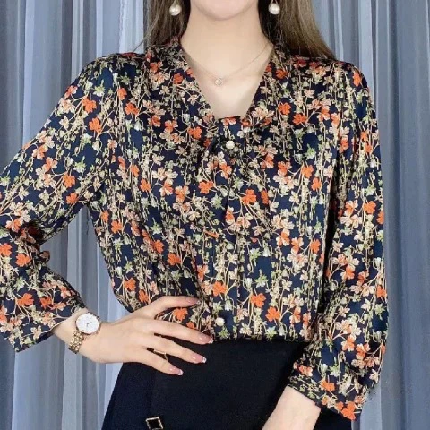 2024 летняя шифоновая женская рубашка, Новая женская рубашка в западном стиле для женщин среднего и пожилого возраста, большие размеры, свободные рукава 3/4 для женщин