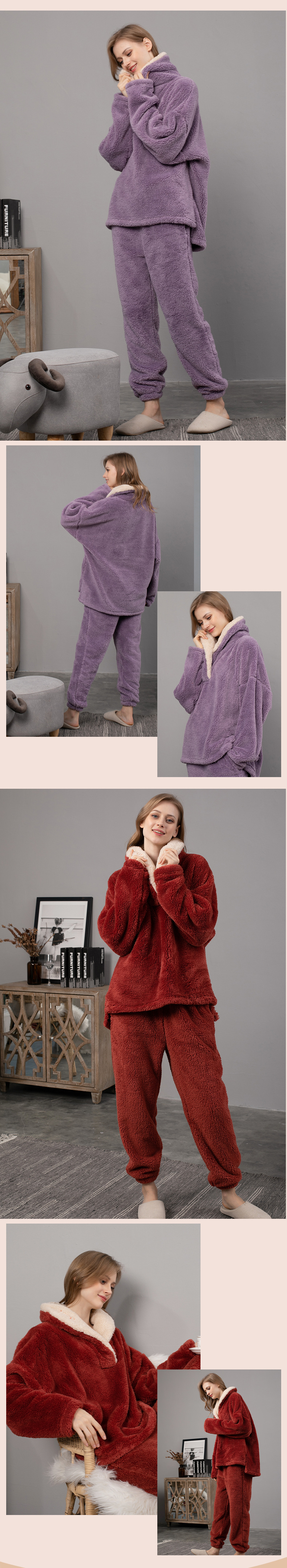 Damen-Winterpyjama für Damen, Korallensamt-Pyjama, Flanell-Revers-Set, verdickte Hauskleidung für Paare_voghion.com
