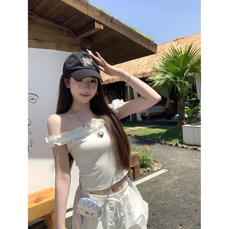 Pure Desire Ruffled Edge Off-Shoulder Sleeveless T-Shirt for Women 2026 New Summer Spicy Girl Slim Fit Short Versatile Bm Top