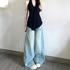 大码蓝色休闲阔腿牛仔裤女夏季新款宽松百搭高腰直筒显瘦拖地裤子