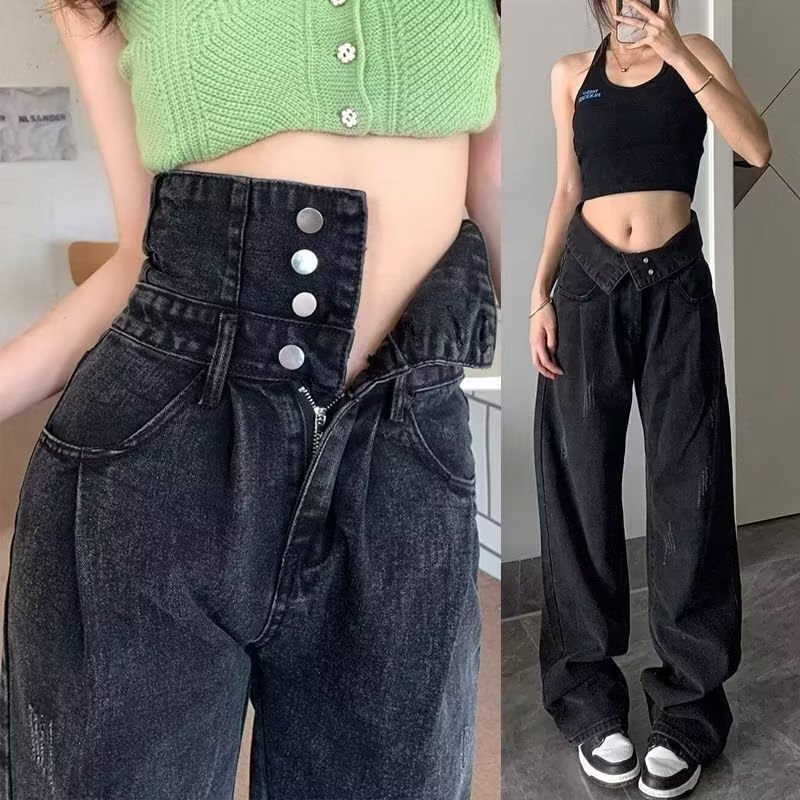 Vintage Design Women's Jeans Spring and Autumn New High-Waisted Tummy Control Slimming Wide-Leg Loose Floor-Length Straight Pants Trendy