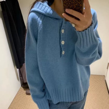 现货 2025冬季新韩国东大门mo*ndal气质纯色毛衣亨利领连帽针织衫