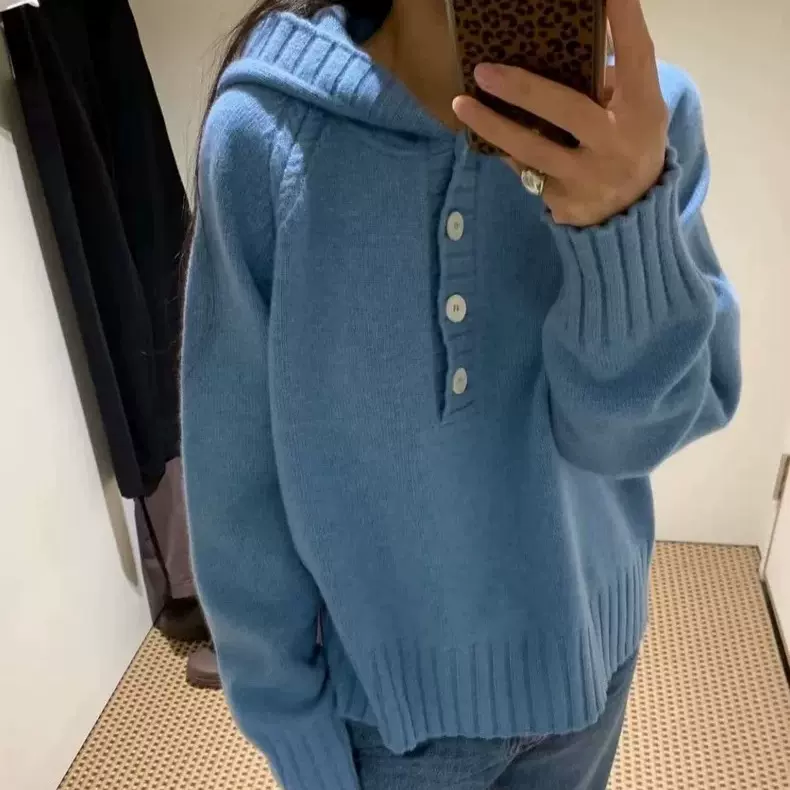 1天 2025冬季新韩国东大门mo*oha气质纯色毛衣亨利领连帽针织衫女