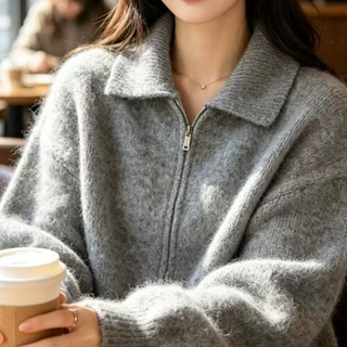 秋冬仿水貂绒翻领拉链针织开衫女双拉链宽松加厚毛衣外套上衣新品